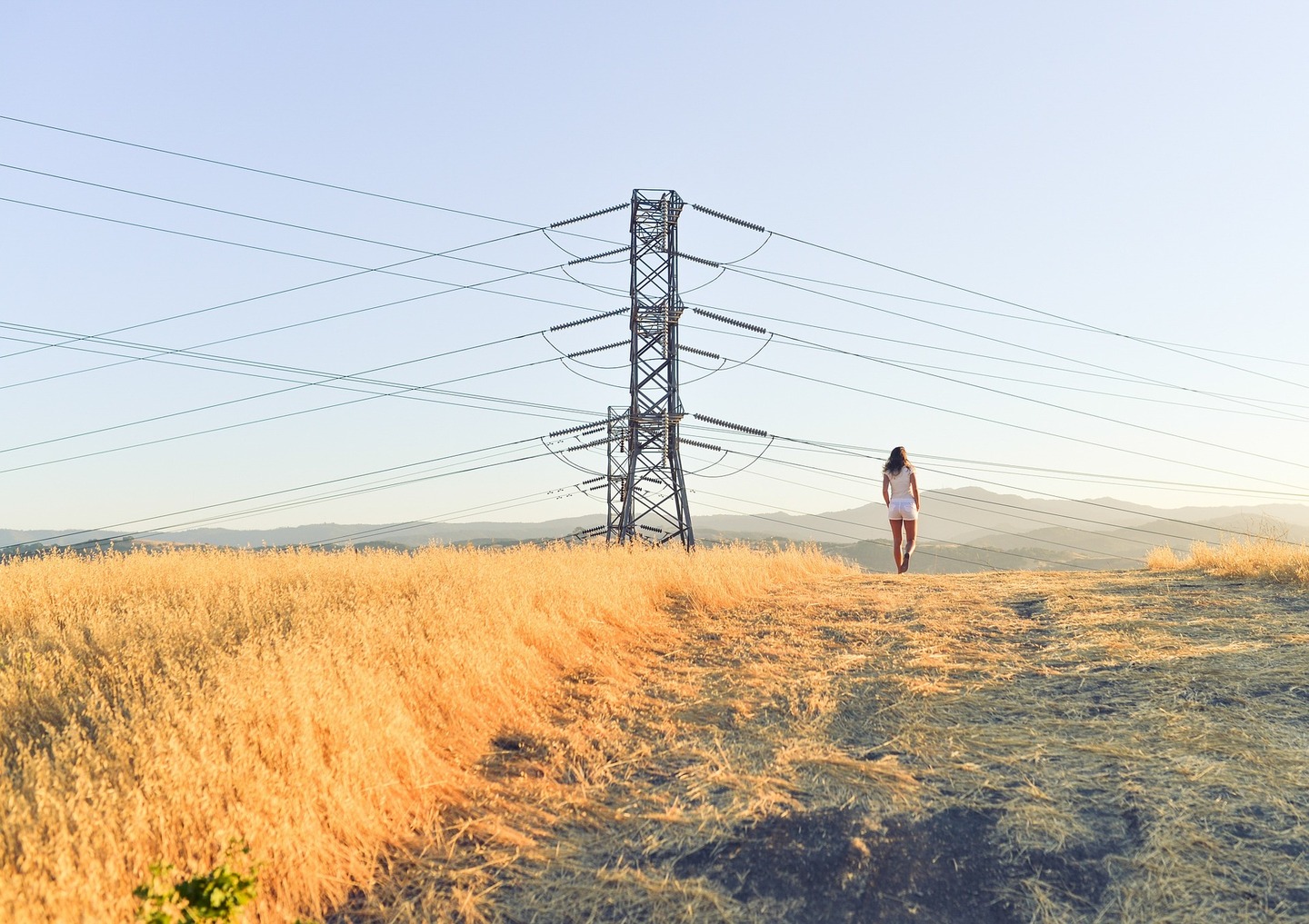 Girl from behind in the field with an electrical turret in the background