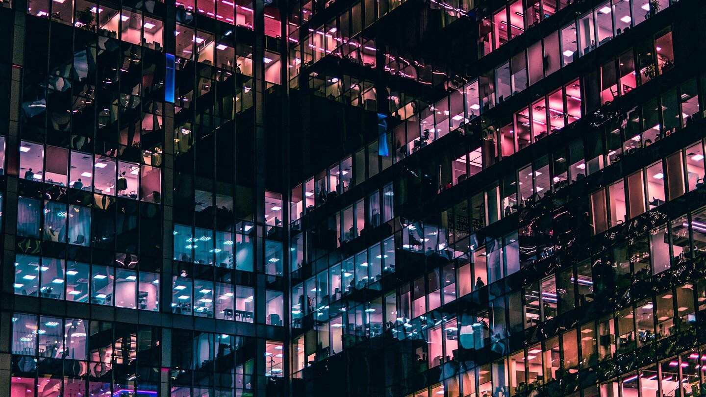 Building with lights on at night